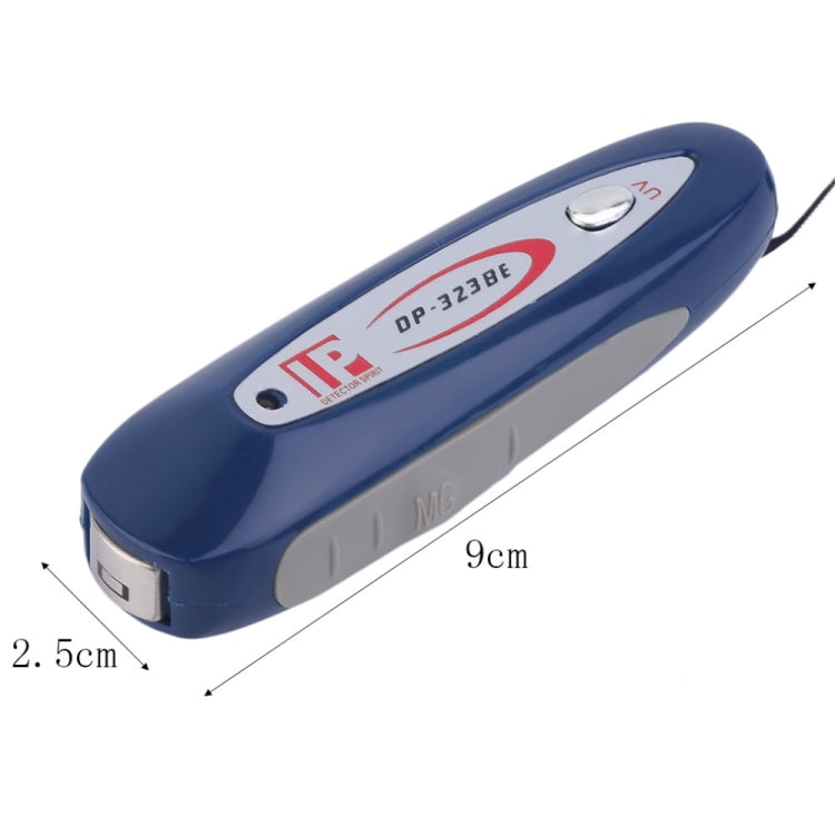 Blue UV detector pen with size measurements showing 9 cm length and 2.5 cm width