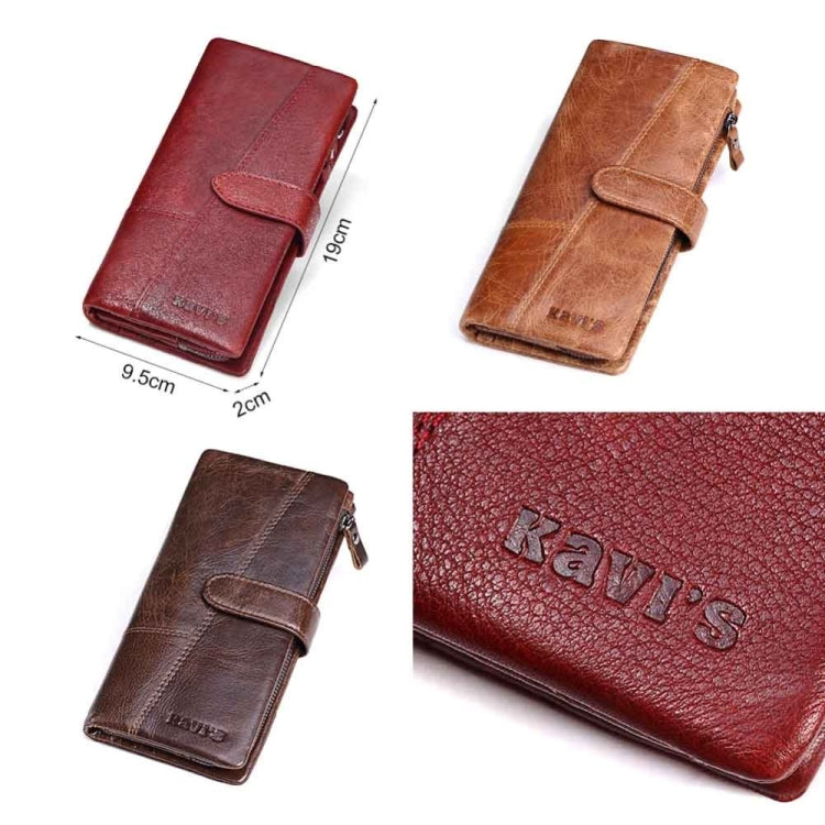 Long leather wallet clutch in red and brown with snap strap and zipper coin pocket