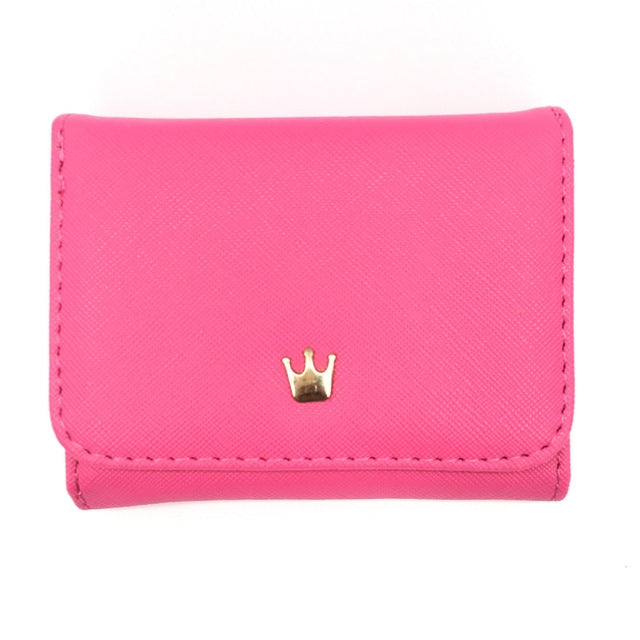 Hot pink PU leather mini wallet with crown charm, fold-over card and coin holder