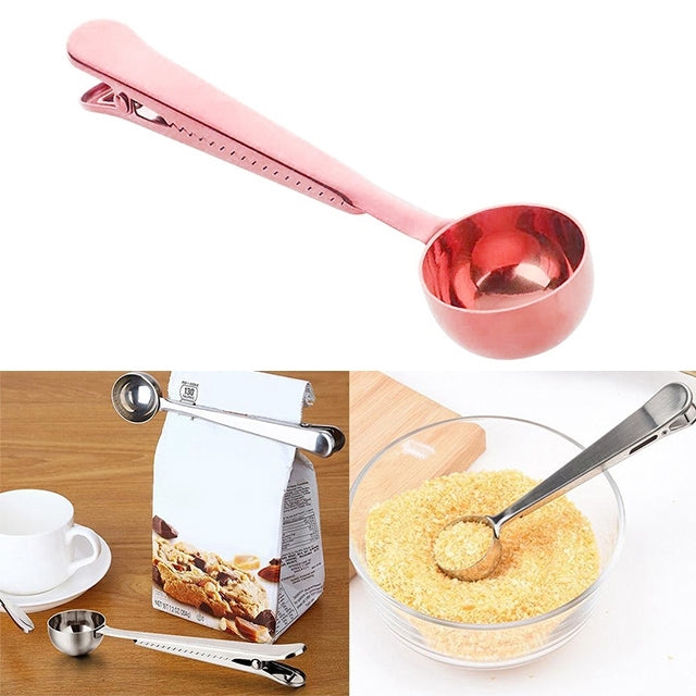Coffee scoop with clip, rose gold-tone stainless steel measuring spoon