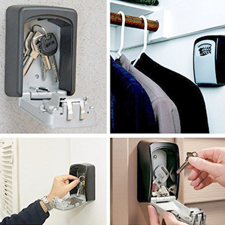 Wall-mounted key lock box collage: keypad, open door, and keys inside