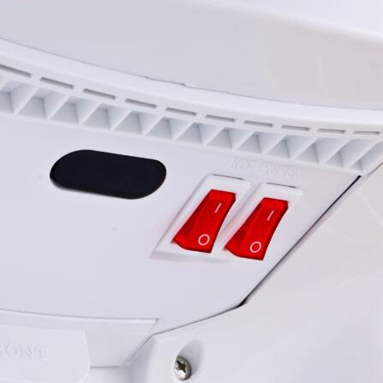 White hand dryer control area with two red rocker switches and vent grille