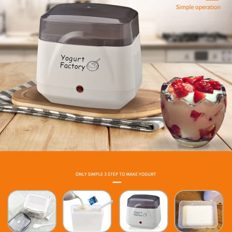 Electric yogurt fermenter, white countertop appliance with dark lid and red indicator light