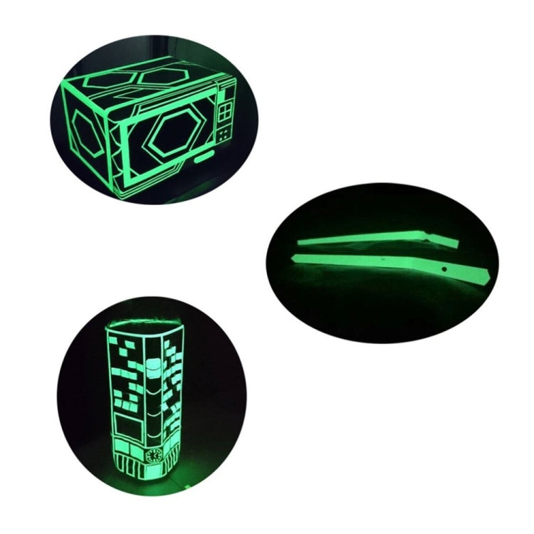 Round samples of glowing neon green tape with circuit-style patterns