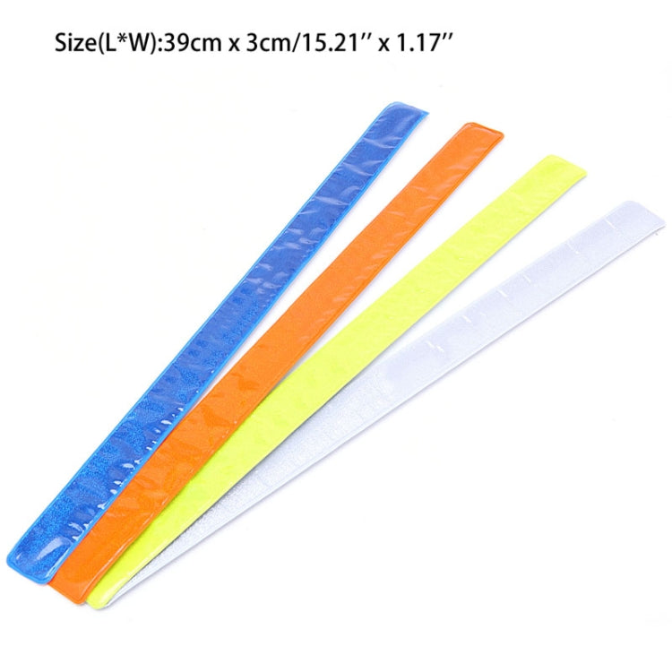 Four reflective bike strap bands in blue, orange, yellow, and white