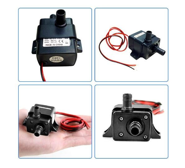 Mini submersible water pump shown in multiple angles with red power wires and outlet