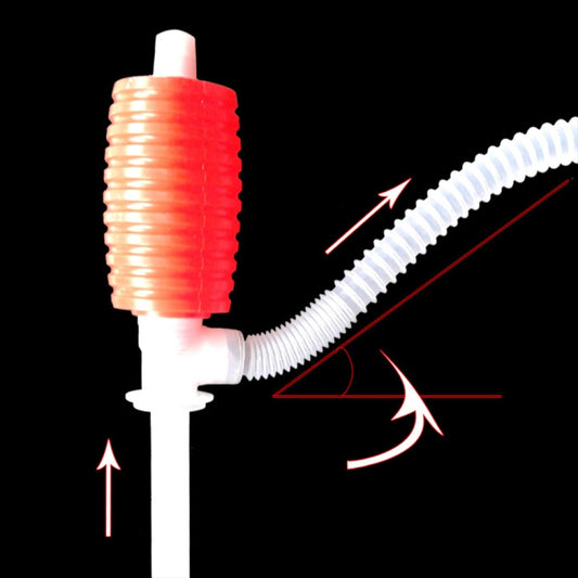 Red hand pump siphon with white ridged hose and nozzle flow arrows