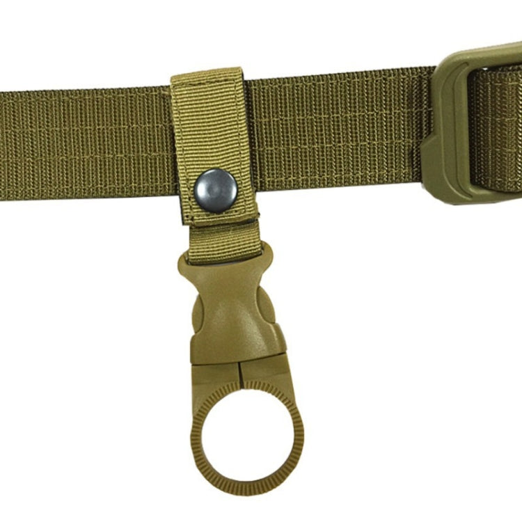Army green webbing clip detail with snap button and carabiner ring