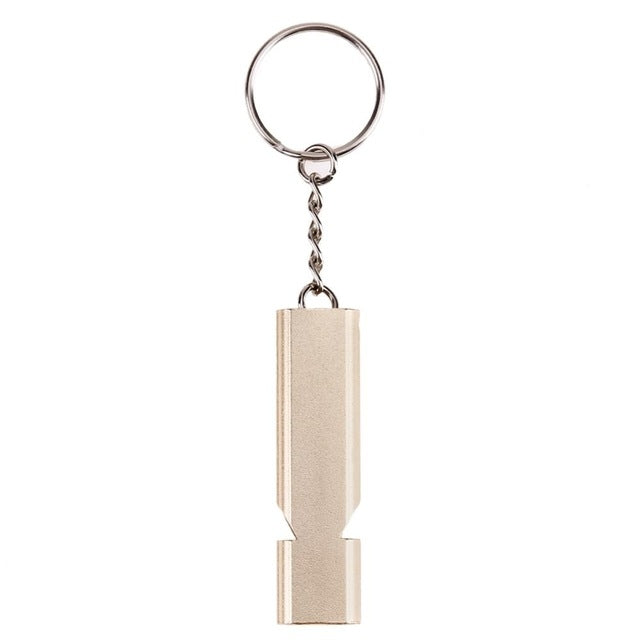 Gold portable double-pipe survival whistle keychain with metal chain and ring