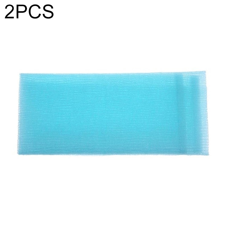 Blue nylon mesh bath scrub towel, rectangular long exfoliating body washing cloth.