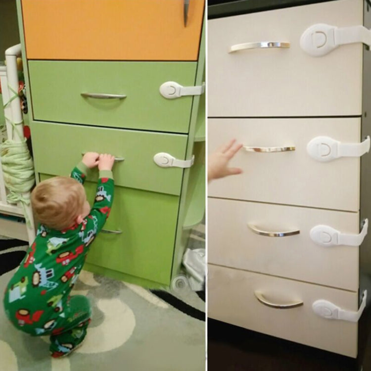 White child-safety drawer locks with strap latch and release buttons, shown installed