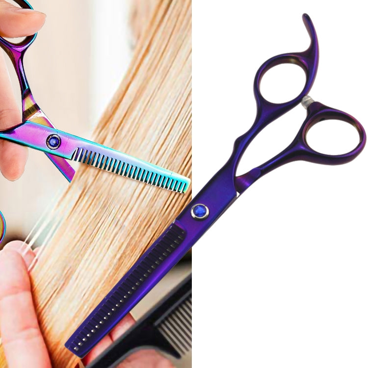 Purple thinning hair-cutting scissors with two finger holes and comb blade teeth