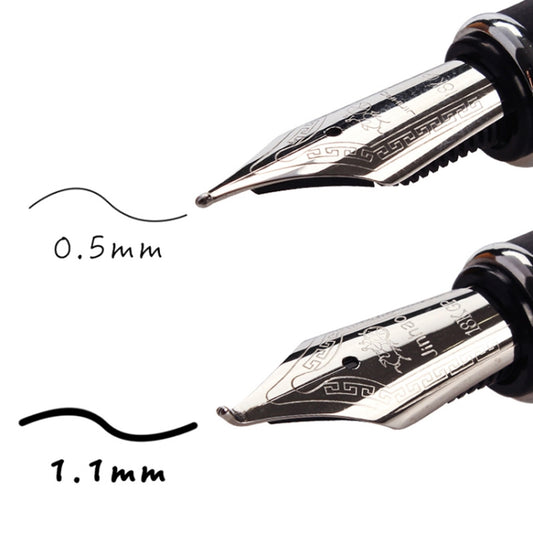Fountain pen nib close-up showing 0.5mm and 1.1mm nib sizes