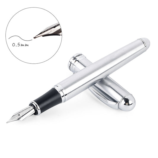 Stainless steel fountain pen with black grip, 0.5mm nib visible