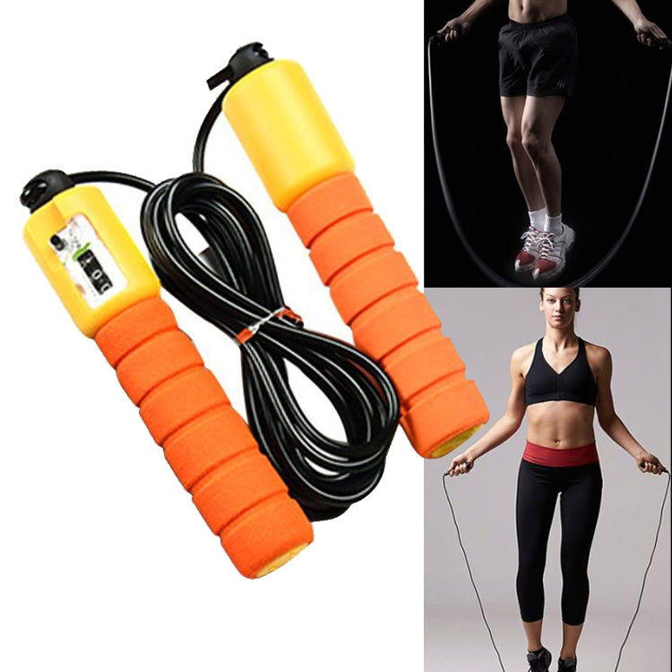 Orange and yellow jump rope with foam handles, black cord, and counting display