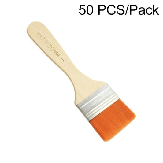 Single flat paint brush with wooden handle and orange nylon bristles