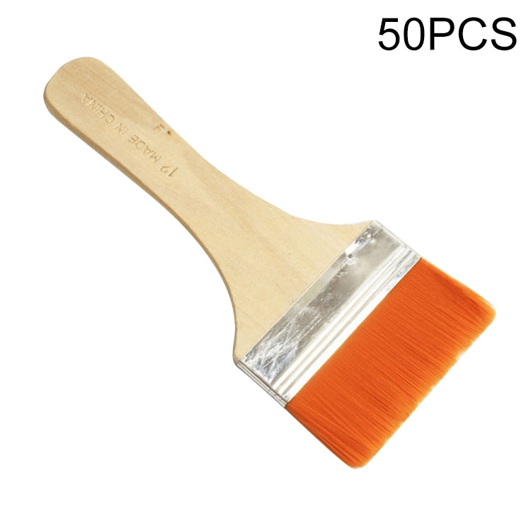 Flat paint brush with wooden handle, silver ferrule, and orange nylon bristles