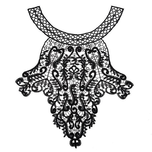 Black embroidered lace fake collar with scalloped neckline and floral pattern