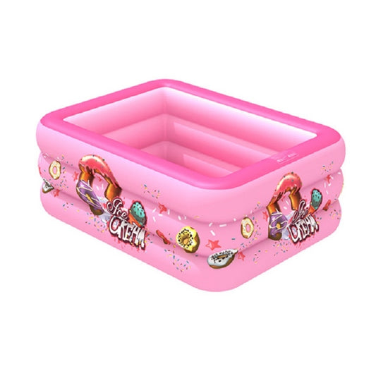 Pink inflatable square kids swimming pool with ice cream graphics and raised rim
