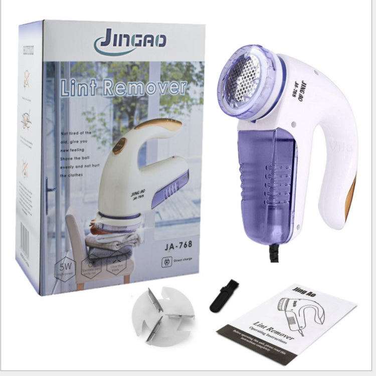 Electric lint remover kit with box and handheld shaver, white and purple design with tools