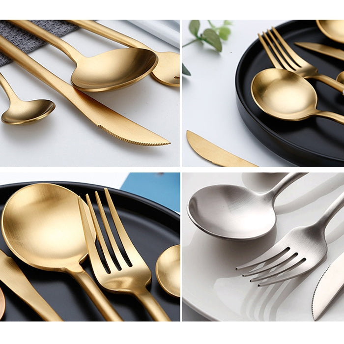Rose gold cutlery set collage with spoons, forks, and knives on plates