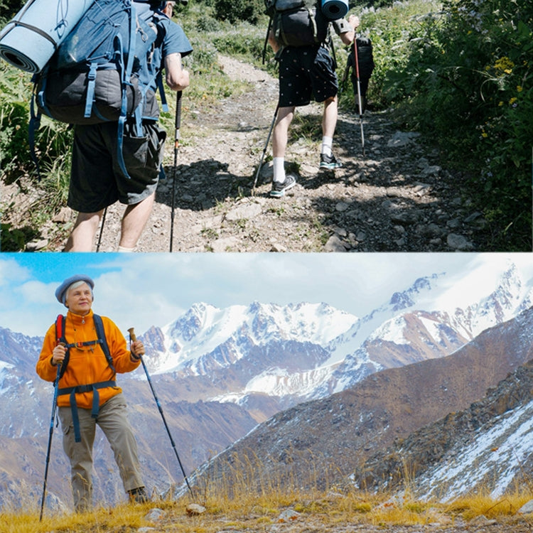 Hikers using three-section trekking poles on outdoor trail and mountain path