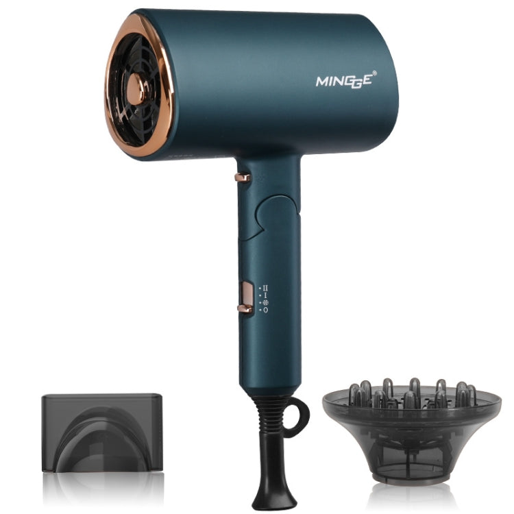 Dark blue folding hair dryer with rose-gold nozzle ring; diffuser and attachment included