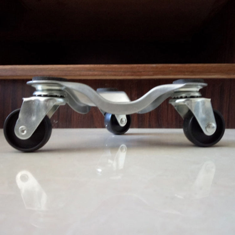 Triangle furniture mover with four black casters and smooth silver metal frame, side view