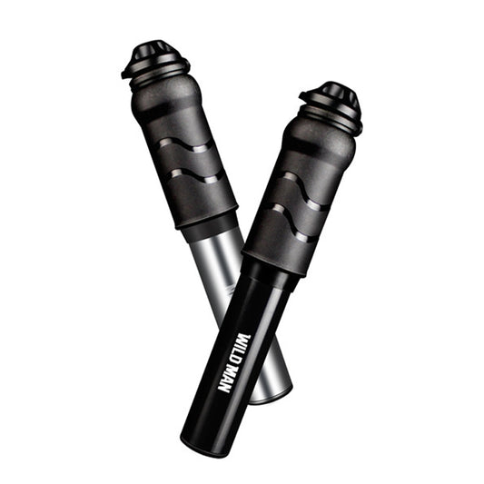 Mini bicycle pump with two black grip sections and silver barrel, compact design