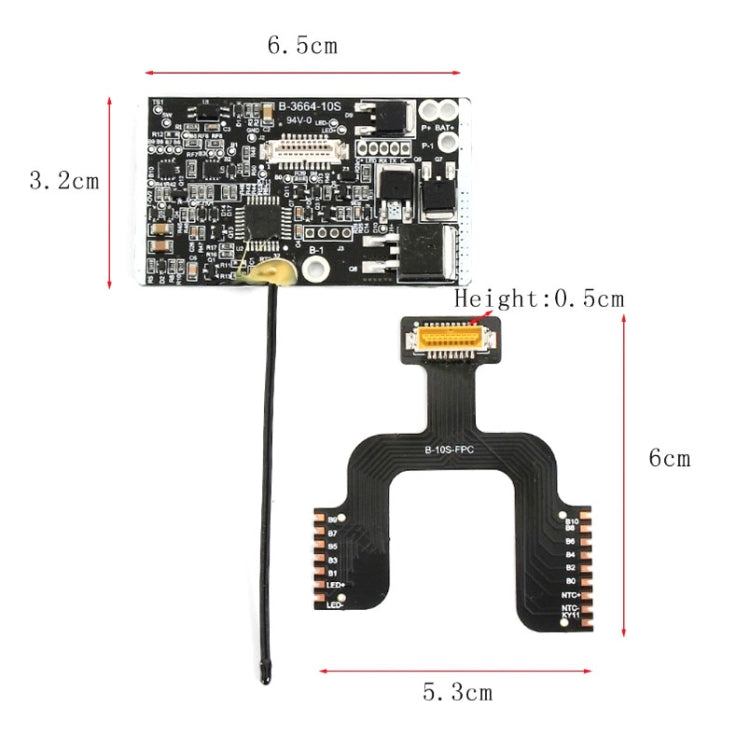 Battery control PCB with flex board and measurement diagram showing size