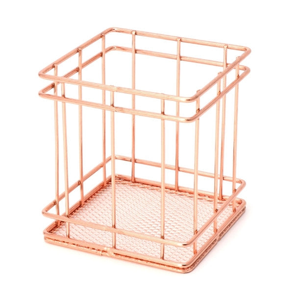 Rose gold metal square pen holder with open top and mesh base tray