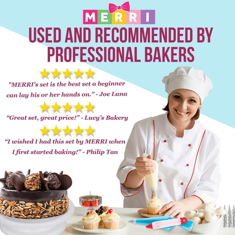 Professional baker holding cake decorating tools and piping accessories