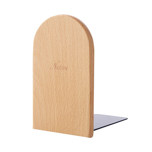 Round-top wood bookend with anti-skid metal base plate and 'Nature' engraving