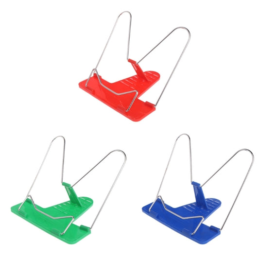 Colored adjustable book stands set: red, green, and blue with metal wire frames