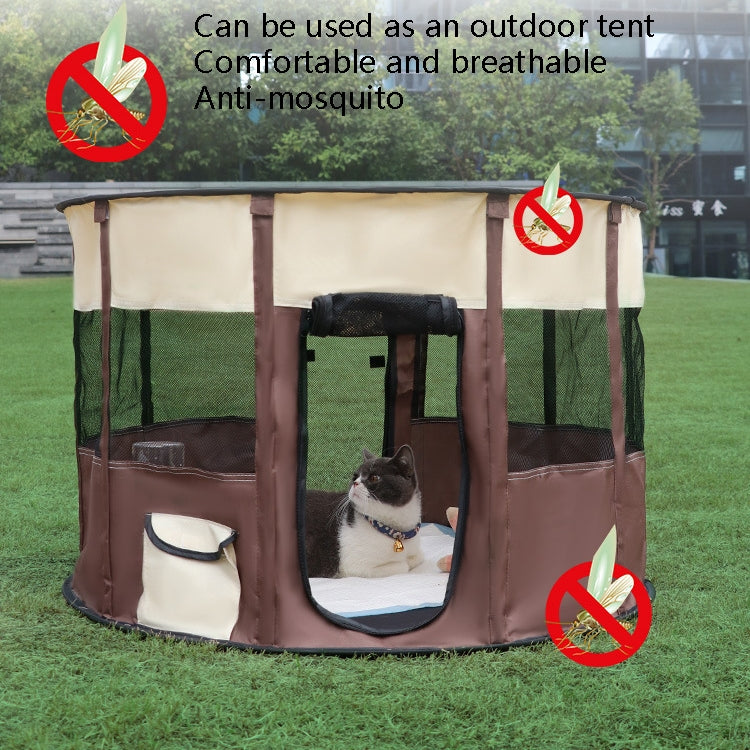 Round pet playpen tent with brown and cream fabric, front mesh door for pets.
