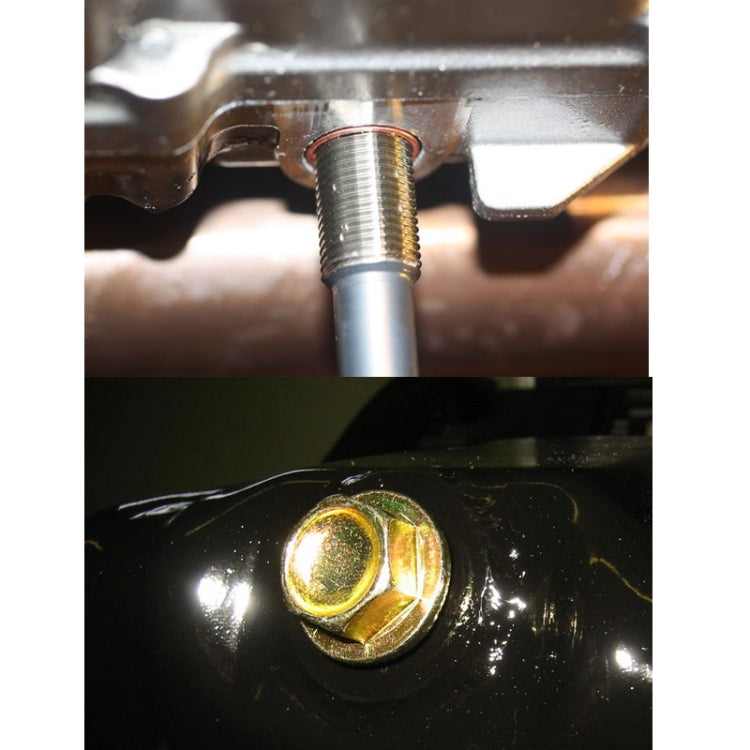 Oil drain screw repair insert installed on oil pan, showing hex bolt head