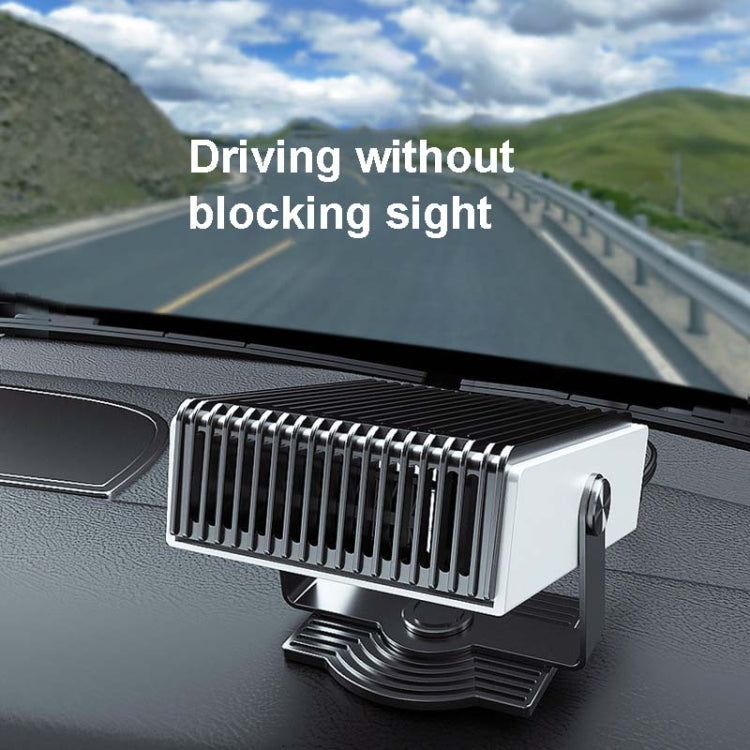 Portable car heater mounted on car dashboard with front vent grille