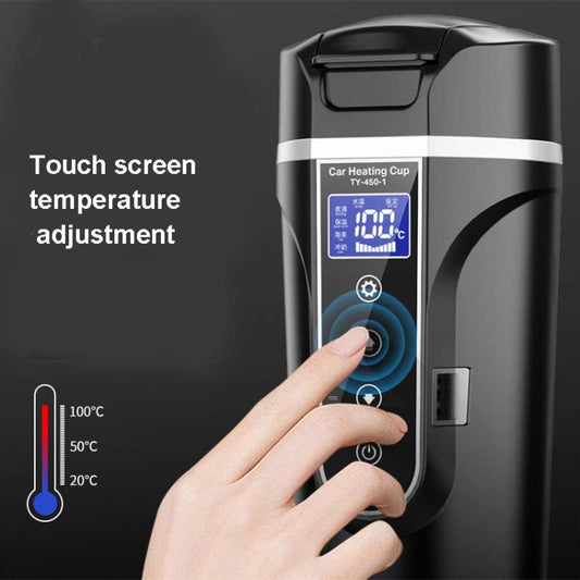 Car heating water bottle thermos with touch-screen temperature controls and LCD display