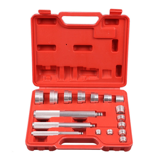 Red 17-piece bearing disassembly and installation tool kit with metal socket inserts