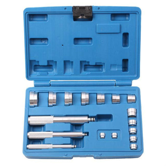 Blue 17-piece bearing disassembly and installation tool kit with metal socket inserts