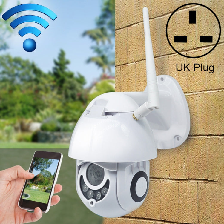 White PTZ dome security camera on wall, UK plug icon, WiFi connection shown.