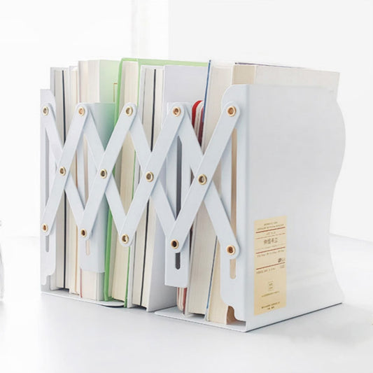 White metal bookend stand with crisscross braces holding upright books