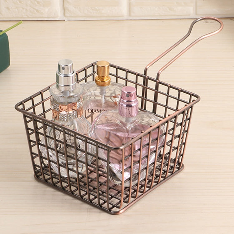 Bronze mini grid basket holding bottles and containers with loop handle
