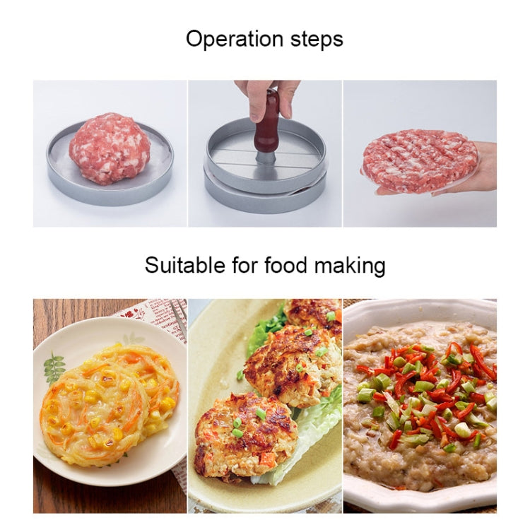 Burger patty press operation steps infographic with gray molds and brown handle