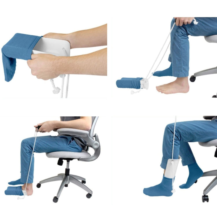 Sock aid in use on a chair, white cord helping place a sock on a foot