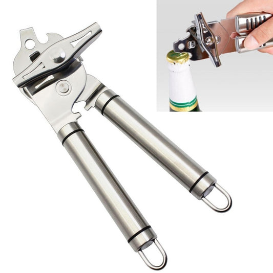 3 in 1 Thickened 304 Stainless Steel Manual Powerful Multifunctional Bottle Opener, Silver + Black Stripe