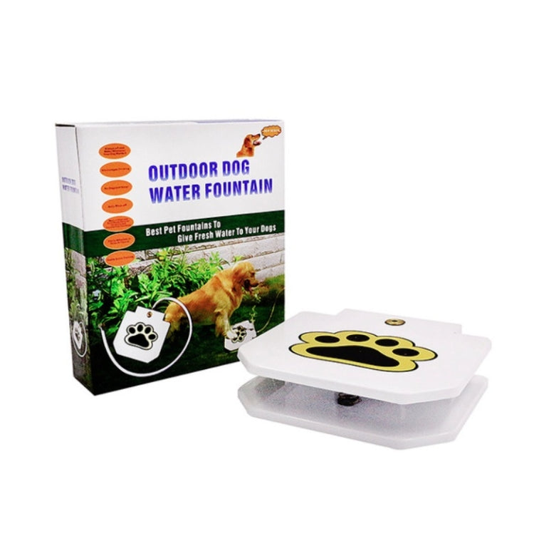 White automatic outdoor dog water fountain with paw logo and retail box