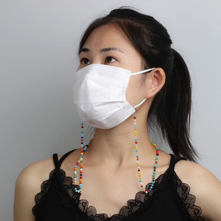 Beaded mask lanyard worn with rainbow crystal bead chain and clips