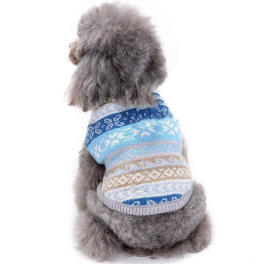 Blue knitted pet sweater with fair isle snowflake pattern and crew neck