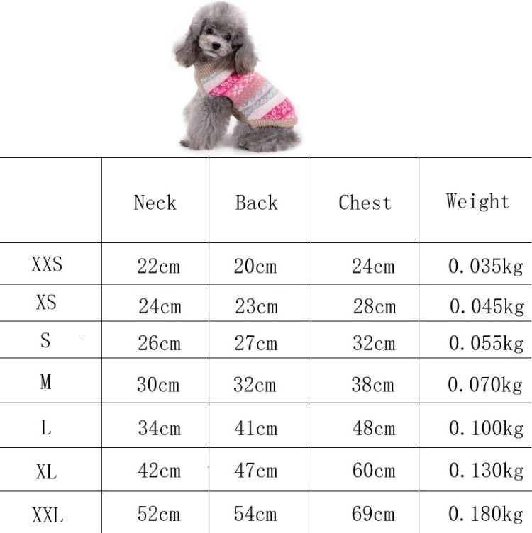 Pet sweater size chart: neck, back, chest, weight for XXS–XXL